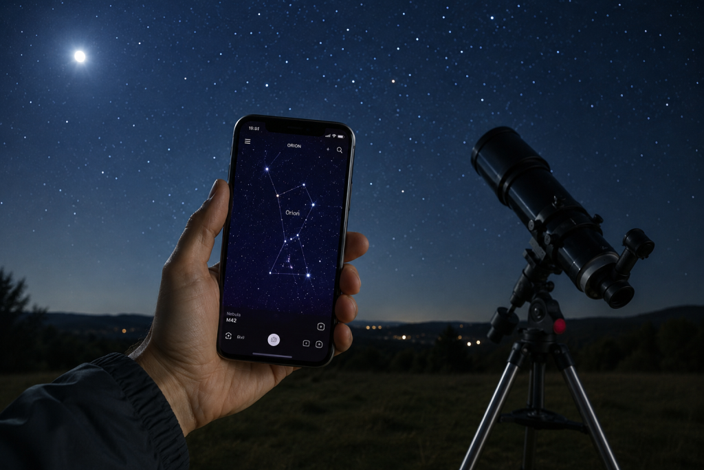 main tenant un smartphone avec une application astro